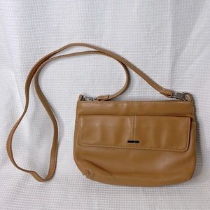 Perlina Crossbody Wallet Purse Carmel Orange Tan Leather Strap Silver Tone Clips